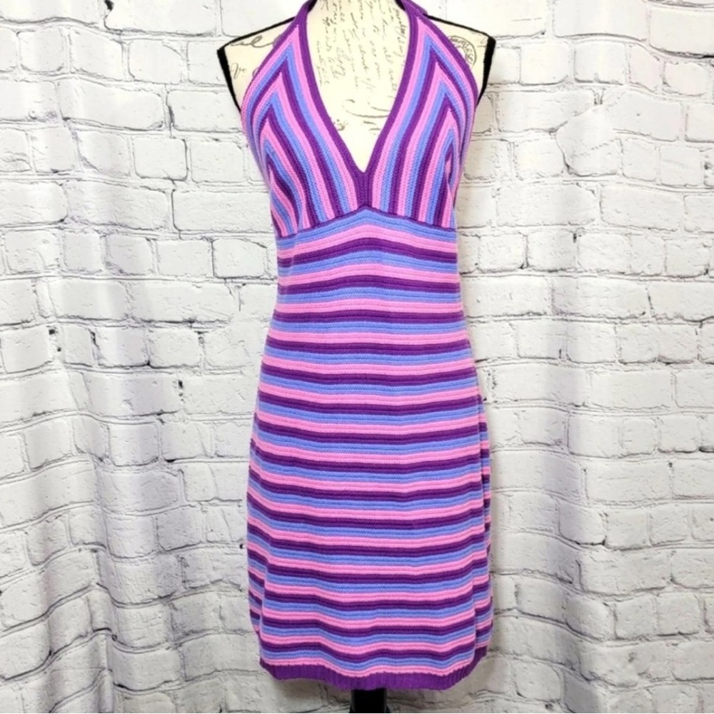 Wild Fable Striped Crocheted Dress with V-Neck and Tie-Back